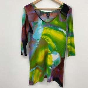 Clara Sun Woo Tunic Top Shirt Blouse‎ Size XS Wearable Art Watercolor 3/4 Sleeve